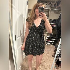 Black Mini Dress with Leaves and Flowers Pattern